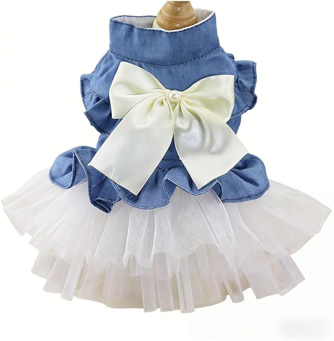 Dog Cat Denim Tutu Dress, Princess Puppy Kitten Outfit with Pearl Bow & Stand-Up Collar, Sleeveless Pet Clothes for Wedding Birthday Party, Easy Front Snap Closure for Chihuahua(White-Denim, Small)