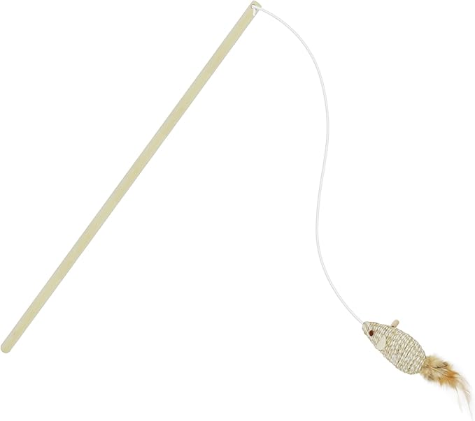 TTcat Wood Cat Wand Toy with Feather Mouse, Interactive Cat Toy for Indoor Cats Kitten to Play Chase Exercise