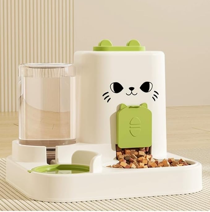 Cat Water Dispenser and Automatic Cat Food Feeder Integrated Water Feeder (Cat face Green, 10.63x9.06x10.63in)