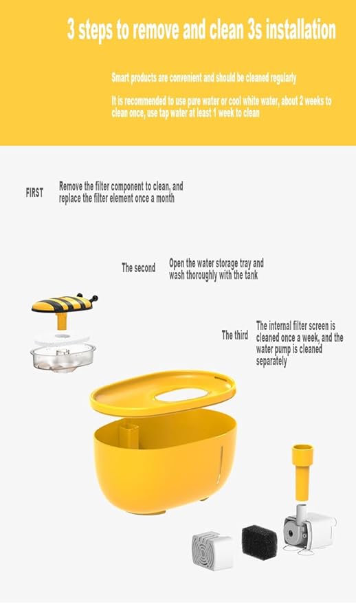 70oZ(2L) Water Fountain for Cats with Candy-Shaped Spout, 4-Layer Filter, Silent Pump, and Anti-Slip Base - Enhance Your Cat's Drinking Experience! (bee-Yellow)