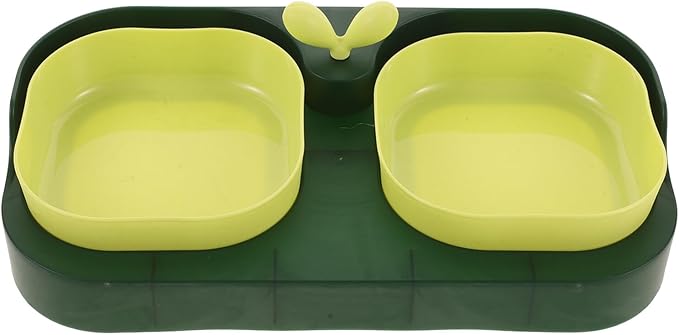 VILLCASE Cat and Dog Double Pet Bowl Set, Plastic Indoor Feeding and Watering Dish, Non-tip Food and Water Bowls with Stand, Dark Green, Suitable for Kittens and Small Dogs