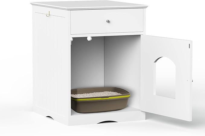 Wooden Cat Litter Box Cabinet with Drawer Hidden Pet House, Sofa Side Table, Indoor Pet Cage Storage Cabinet, Cat Hidden Cave Furniture for Living Room, Bedroom (White, 25 inches)