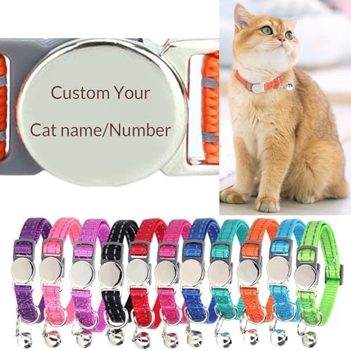 Custom Reflective Cat Collar, Personalized Engraved Pet Collar with Name and Phone Number, Breakaway Cat Collar with Safety Release Buckle and Bell, 8-12 inch Adjustable for Cats/Kittens