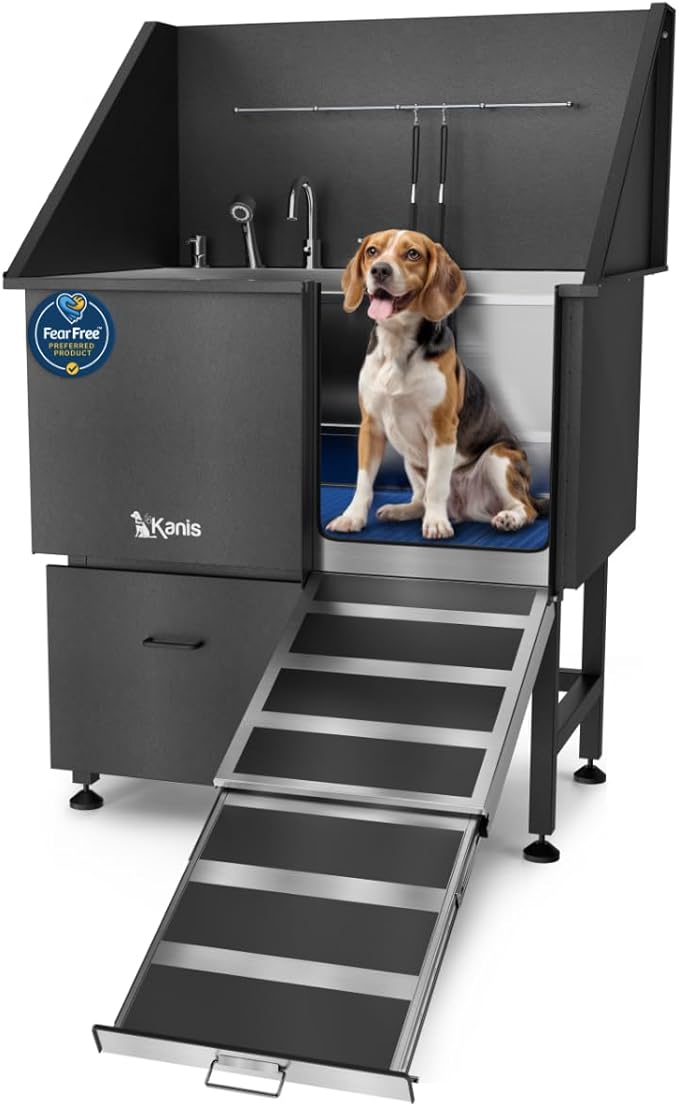 KANIS Professional Dog Washing Station 304 Stainless Steel Pet Wash Sink & Grooming Bathtub w/Shower, Floor Grates and Storage for Large, Medium & Small Pets (Black, 40 Inches, Right Ramp, 1 Drawer)