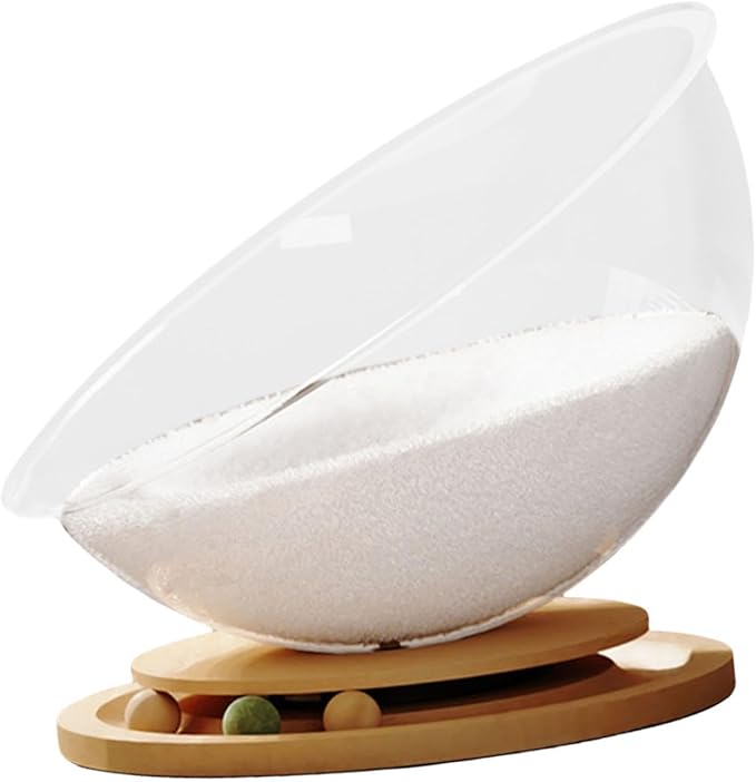 Semi Capsule Cat Bed with Bead Turntable Toy, All-Seasons Indoor Outdoor Pet Sleeping Nest, Easy Cleaning Stable Cat Furniture- Wood with mat M