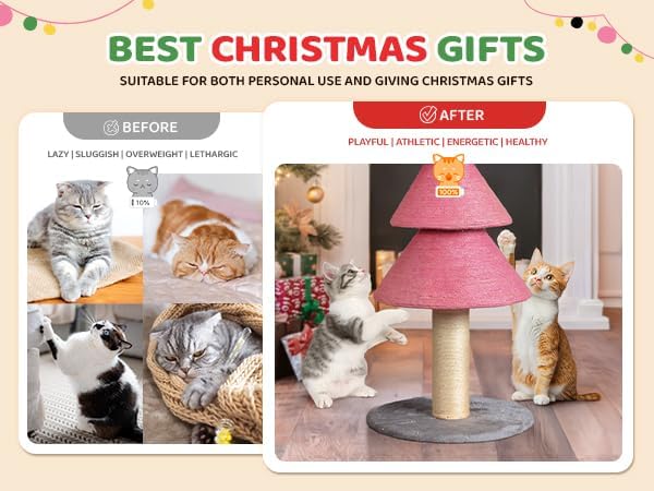 VINGLI 31.5in Christmas Tree Cat Scratcher Tower, Pink Cat Tree with Sisal Scratching Post & Soft Fleece Base, Stable Cat Scratcher for Kittens & Adult Indoor Cats