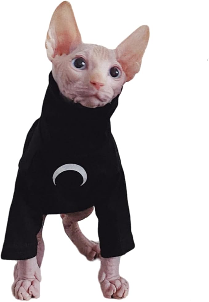 Sphynx Cat Clothes, Moon Print Turtleneck Cotton T-Shirt for Devon Rex Sphynx Cats (Black Long Sleeve, Medium)