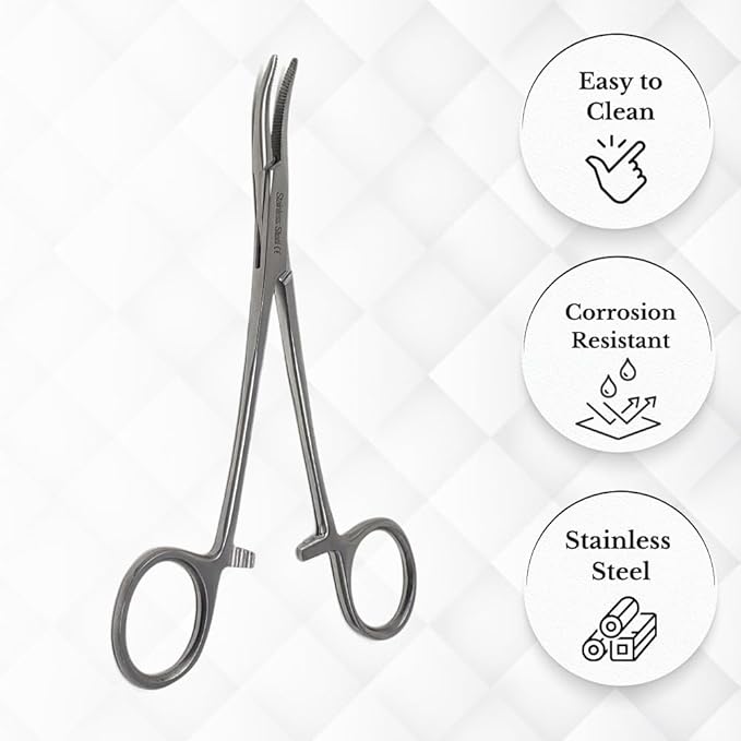 HTI DOG CAT PET HAIR PULLER REMOVER STAINLESS STEEL HEMOSTAT LOCKING FORCEPS 5" CURVED FULL SERRATED (Silver)