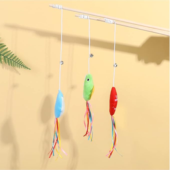 Cat Wand, 3 PCS Interactive Kitten Toys Wooden Handle Kitten Teaser Toys with Cute Fish Tail Sturdy Cat Sticks