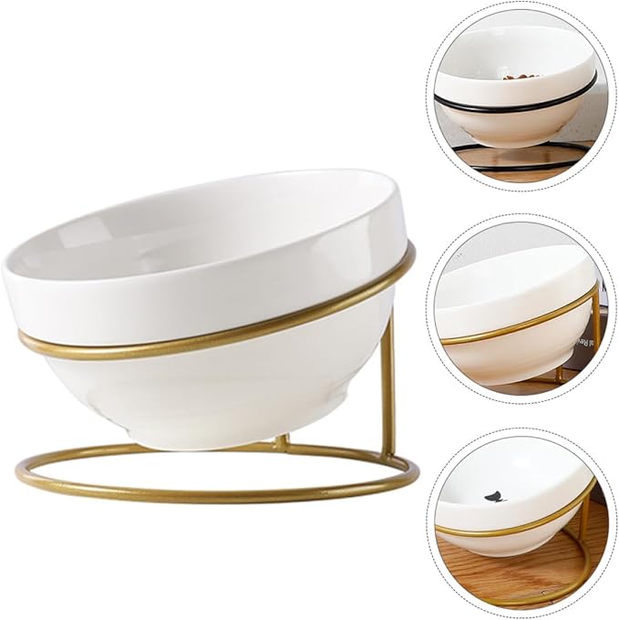 TOYANDONA Ceramic Pet Food Bowl Iron Raised Slant Stand, Elevated Cat Dog Feeder Bowl for Spine Protection, Suitable for Household Feeding and Watering Random Style