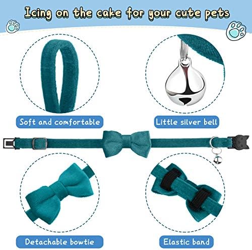 4 Pieces Cat Bow Tie Collar with Bell Breakaway Cat Comfortable Velvet with Cute Safety Pet Collar for Pet Kitten Puppy(Small,Black, Gray, Coffee, Blue)