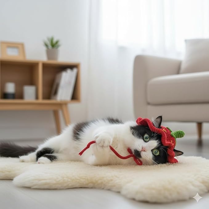 Cat Party Hat for Cats (7 Styles | Strawberry) – Cute Holiday & Photo Outfit with Ear Holes and Adjustable Tie – Soft & Washable Cat Costume for Parties