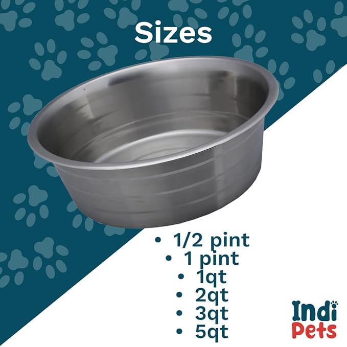 INDIPETS Standard Feeding Dishes with Laser Etched Silver Stripe: Pet Water and Food Bowl | 5 Quart, Stainless Steel (PN: 800228)