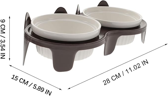 Ceramic Elevated Cat Bowl Set with Thick Double Bowls and Brown Sturdy Stand, Angled Feeding and Watering Dish for Indoor Cats and Kittens