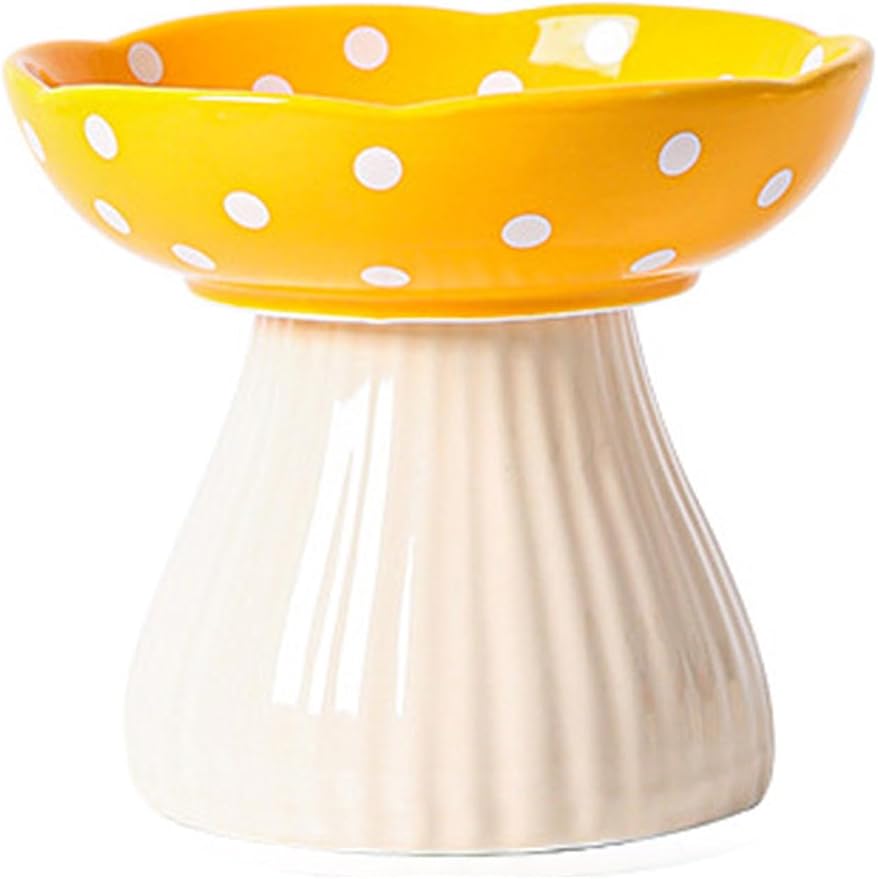 Mushroom Elevated Cat Bowls Ceramic, Raised Cat Bowl for Indoor Cats, Cute Whisker Fatigue Cat Bowl, Raised Dog Bowls Stand for Food and Water, Yellow 6" Wide for Adult Cats
