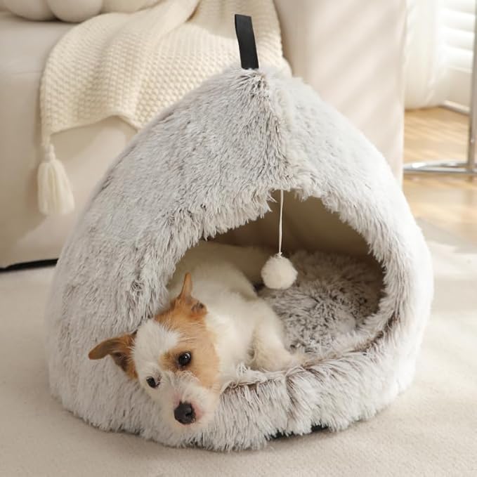 Hezotco Large Cat Cave Bed for Cats, Soft Fluff Indoor Dog Cave Bed& Cat Cave for Small Dogs. Pet Cave for Puppy with Cat Teasing Ball 22.8"*18.5"*22.8"(Coffee+White)