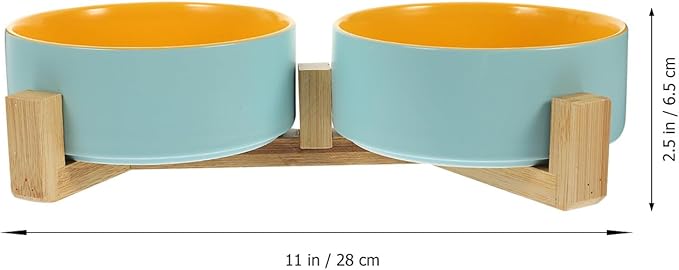 UPKOCH Ceramic Cat Bowl with Wood Stand, Dual Raised Pet Feeding Bowls, Matte Blue and Yellow Small Size, Indoor Cat Accessory for Feeding and Watering