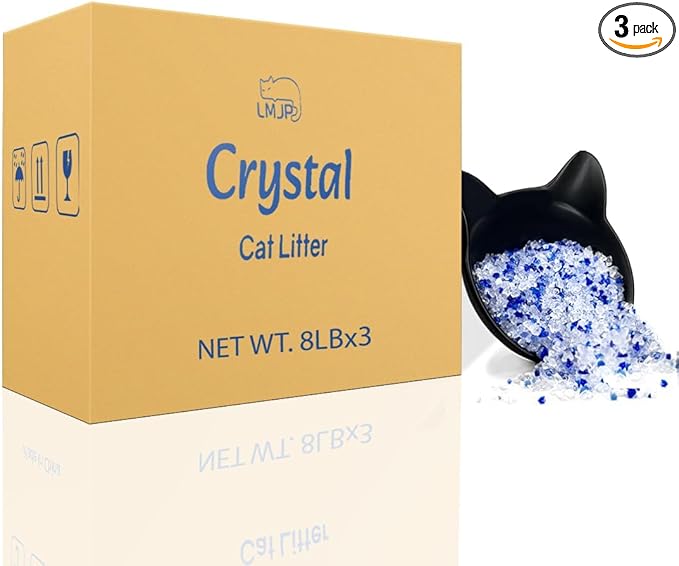 LMJP Crystal Cat Litter with Powerful Odor Control, Non-Clumping, Lasts Up to 6 Months, 24lb, Rapid Water Absorption, Unscented & Low Tracking Lightweight Blue & White Silica, 3 Pack of 8 lb