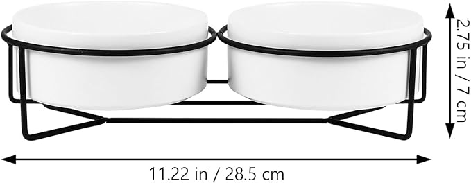 POPETPOP Ceramic Double Pet Bowl Set with Black Iron Elevated Stand, 13cm Raised Cat Feeder and Dog Food Bowl for Stable Feeding and Watering