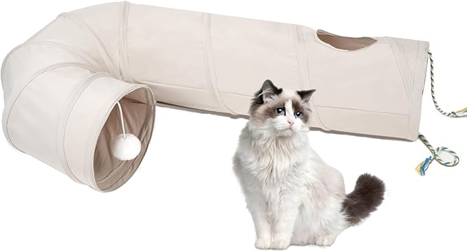 Cat Tunnel, 2-Way Collapsible Cat Tube with Interactive Peek-A-Boo Hole, Toy Ball, and Rope Ideal for Indoor Cats, Kittens, and Rabbits, Beige