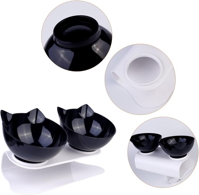 Ciieeo Double Cat Food Bowl with Tilted Design, Black Plastic Raised Pet Feeder for Cats and Small Dogs, Anti-Spill Neck-Protecting Double Plastic Pet Bowl for Feeding and Watering