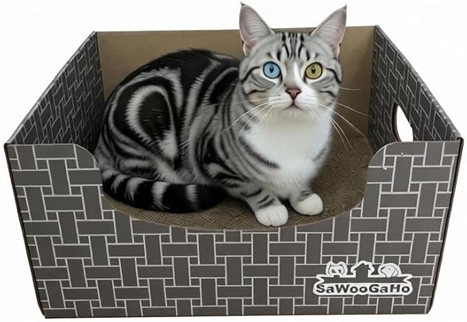 Extra Large Cat Cardboard Scratch with Box Bigger Space Double-Sided Scratching Refillable Pad Scratcher Board Window Handle Design Easy to Clean Scraps Scratched Bed for Indoor Cats (Grey)