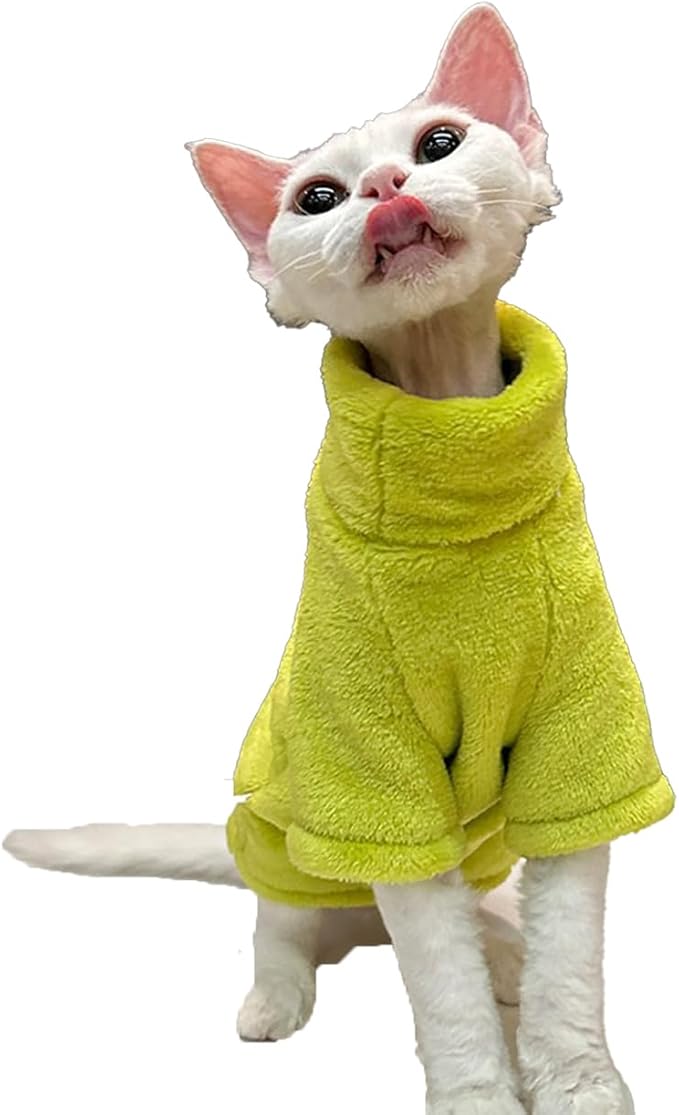 Sphynx Cat Clothes Winter Turtleneck Soft Coral Fleece Cat Clothes Thicken Warm Pajamas Coat for Hairless Cats and Small Cat Apparel with Sleeves (Avocado Green, L (6-9.3lbs)