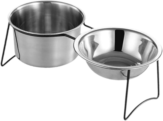 Cat Water and Food Bowl, Stainless Steel 2-in-1 Feeder Dish with Anti-Slip Base, 11.46x4.41x3.94 inch for Cats and Small Dogs