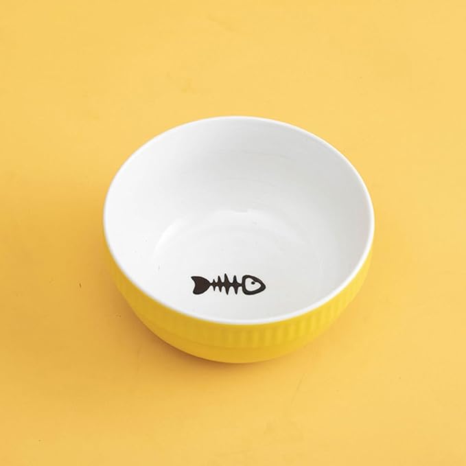 SUPVOX Ceramic Hanging Cat and Dog Bowl Set with Tilted Yellow Fishbone Design, Multi-Function Pet Feeding and Watering Bowl with Iron Hanging Stand for Indoor Cats and Puppies