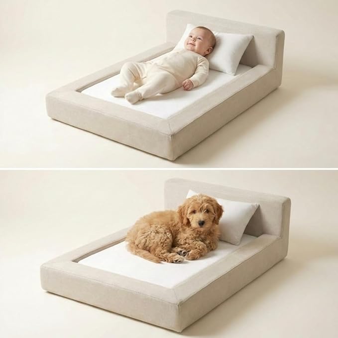 Mini Cloud Bed - Removable and Washable Covers - Toddler Baby Pet Dog Cat Nursery - Upholstered Minimalist Modern Luxury (Taupe Boucle, Medium)