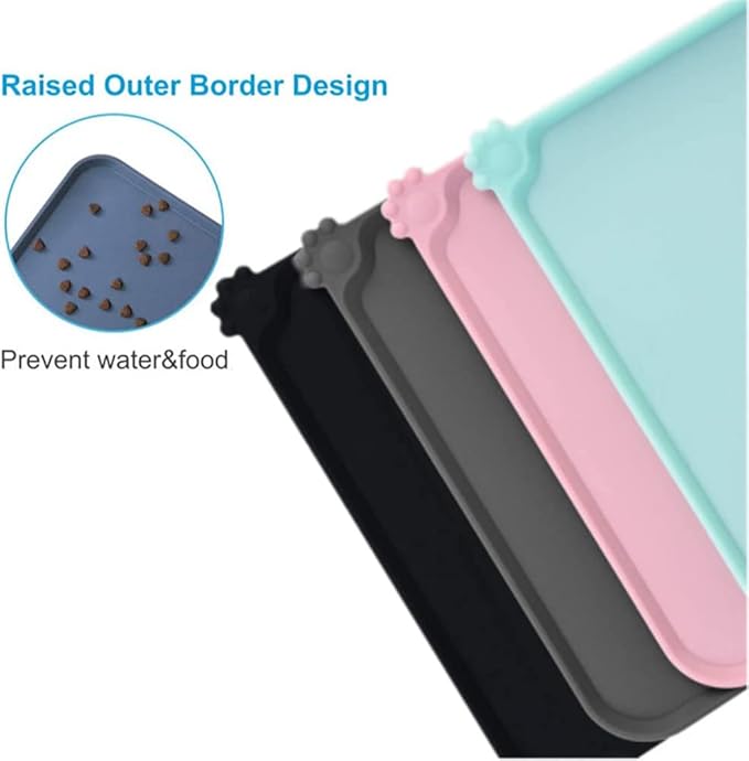 Silicone Dog Cat Bowl Mat，Waterproof Slip Resistant Silicone Pet Feeding Mat，Anti-Slip Pet Bowl Mats Cats and Dogs Food Water Placemat Tray，Raised Edges to Prevent Water Spills on Floor (Black)