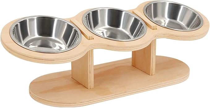 Raised Cat Feeder 3 Bowls in 1 Feeding Watering Supplies 15° Puppy Stainless Steel Wood Stand Cats Accessories