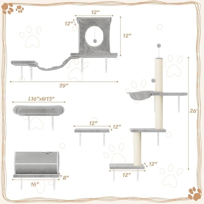 NUNU LAB 7-in-1 Cat Wall Shelves, Wall Mounted Cat Climber Set, Cat Furniture with House, Tunnel, Bridge, Steps, Scratcher, Hammock, Shelves for Indoor, Gray