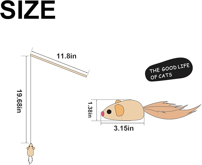 TTcat Wood Cat Wand Toy with Feather Mouse, Interactive Cat Toy for Indoor Cats Kitten to Play Chase Exercise