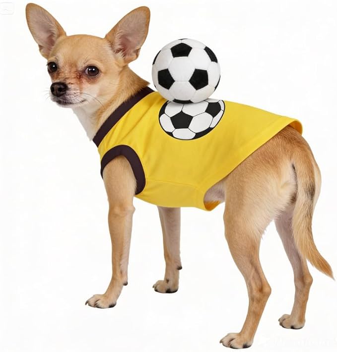 Petitebella Soccer Dog Shirt - Sporty Puppy T-Shirt with Soccer Ball, Breathable Soft Cotton Pet Clothes for Small Dogs Cats, Lightweight Summer Vest Apparel for Game Day Training (Yellow, X-Large)