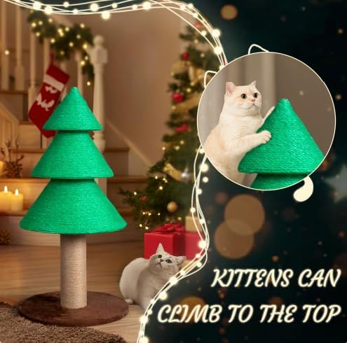 VINGLI 31.5in Christmas Tree Cat Scratcher, Green Cat Scratching Post for Indoor Cats, Large Sisal Cat Scratching Tree Tower with Soft Fleece Base, Stable Cat Tree for Kittens & Adult Cats