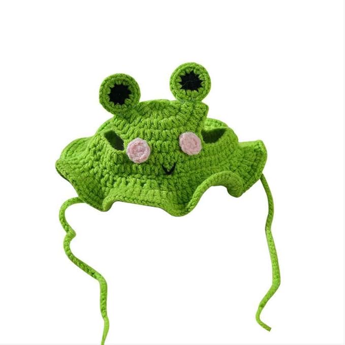 2Pcs Cute Knit Cat Hat,Handmade Crochet Dog Hat Halloween Christmas Party Costume Headwear for Pet Puppies (Frog and Flower)