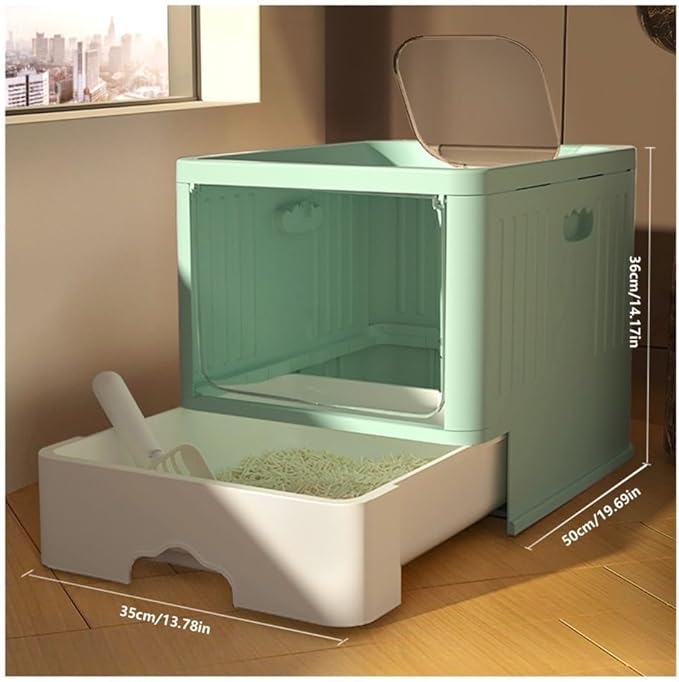 Pet Supplies, Large Enclosed Cat Litter Box with Lid, Top Entry Drawer Design & Scoop(Green)