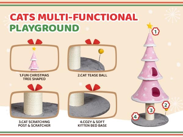 VINGLI 59in Pink Christmas Tree Cat Tower for Indoor Cats - Multi-Level Cat Tree with 2 Condos, Fleece Platforms, Sisal Scratching Post & Dangling Toy, Wide Stable Base for Adult Cats & Kittens