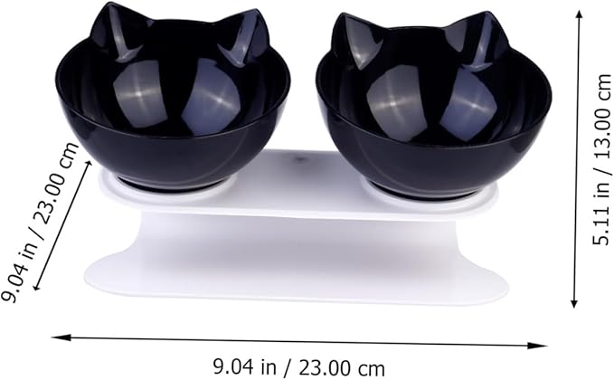 Homoyoyo Double Pet Food Bowl with Cat Ear Design, Black Plastic Raised Feeding and Watering Dish, Tilted Neck Protection, Anti-Spill Cat and Dog Bowl for Indoor Use