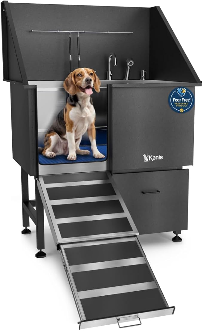 KANIS Professional Dog Washing Station 304 Stainless Steel Pet Wash Sink & Grooming Bathtub w/Shower, Floor Grates and Storage for Large, Medium & Small Pets (Black, 40 Inches, Left Ramp, 1 Drawer)