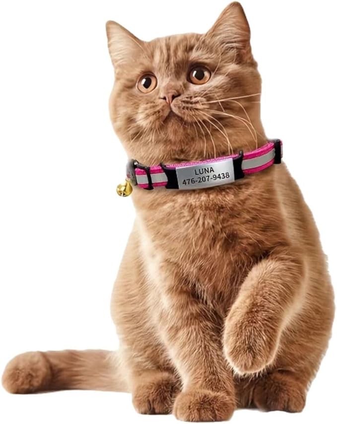 Personalised Cat Collar Adjustable Reflective Nylon with Cat Pattern Breakaway, Safety Quick Release, Bell, Custom Stainless Steel Name Tag & ID Number Plate (8"-10.6", Multiple Colors)