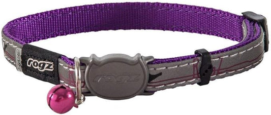 Rogz Reflective Cat Collar with Breakaway Clip and Removable Bell, fully adjustable to fit most breeds, Purple Bird Design