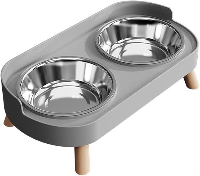 Raised Cat Feeder 2 Bowls in 1 Feeding & Watering Supplies 15° Raised Puppy 2 Stainless Steel Bowls Wood Stand Cats Accessories(2 Sets Cup Holder)