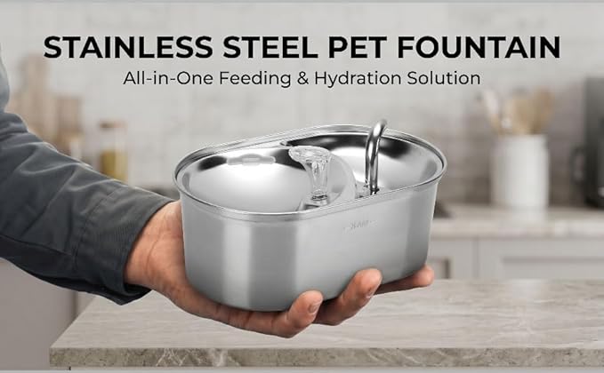 Luocute Stainless Steel Cat Water Fountain, 3L Automatic Pet Drinking Fountain with Timer and 5 Filters for Cats and Dogs, Pet Water Bowl Dog Drinking Dispenser Feeding