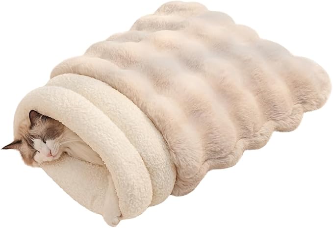 SOMAHE Cat Sleeping Bag for Indoor Cats, Faux Fur Pet Cave Bed & Burrow Nest, Reversible Plush Snuggle Sack, Portable Foldable Mat, Machine Washable, Anti-Static, 21.7"x17.7" White