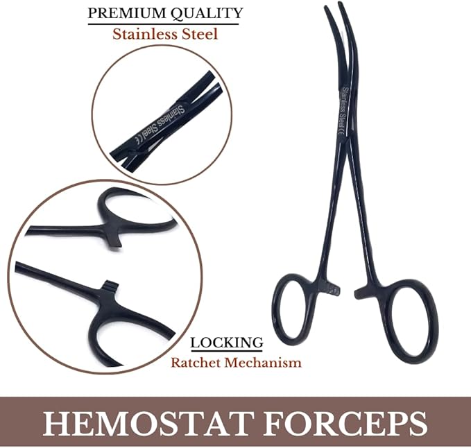 HTI DOG CAT PET HAIR PULLER REMOVER STAINLESS STEEL HEMOSTAT LOCKING FORCEPS 5" CURVED FULL SERRATED (Black)