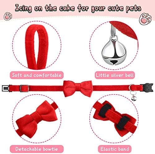4 Pieces Cat Bow Tie Collar with Bell Breakaway Cat Comfortable Velvet with Cute Safety Pet Collar for Pet Kitten Puppy(Small,Black, Red, Purple, Blue)