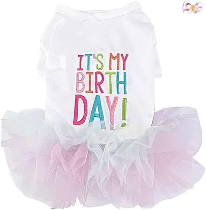 ANIAC Girl Dog Birthday Tutu Dresses Puppy Lace Skirt and Hairpin Cat Birthday Princess Dress Pet Clothes for Cats Small Dogs (Medium, White)