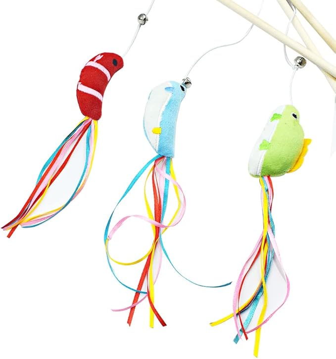 Cat Wand, 3 PCS Interactive Kitten Toys Wooden Handle Kitten Teaser Toys with Cute Fish Tail Sturdy Cat Sticks